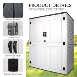 4.4ft x 2.3ft 52 Cu Ft Outdoor Storage Shed, Waterproof Resin Horizontal Storage Box w/ Lid & Lockable Doors for Backyard Garden Patio Pool