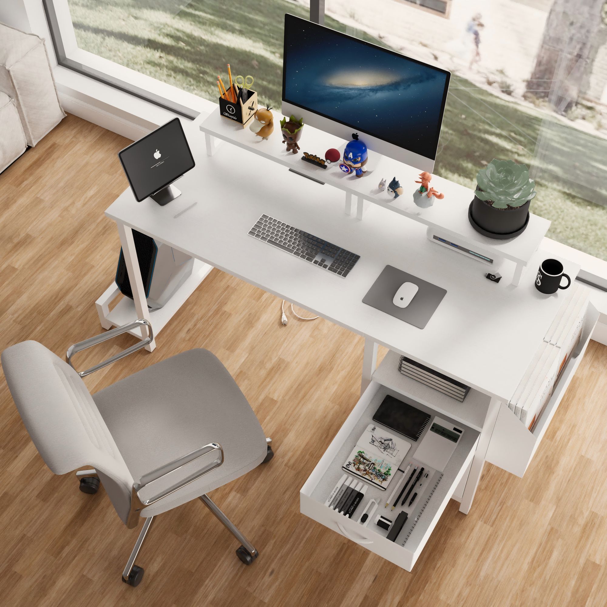 47.3office desk with power outlet,2 Monitor Stands,2 drawers,Side Pocket,Easy to Assemble,Frame stability Reversible,use for home desk, computer desk,