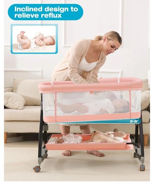 Bedside Bassinet for Baby, 3 in 1 Breathable Mesh Baby Bassinet, 6 Height Adjustable, Easy to Fold, Bassinet Bedside Sleeper with Wheels, Mosquito Net
