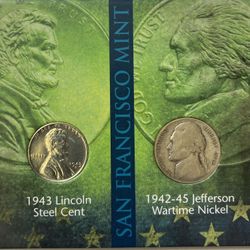 1943 Steel Lincoln Cent & 1945 Silver Wartime Nickel with COA