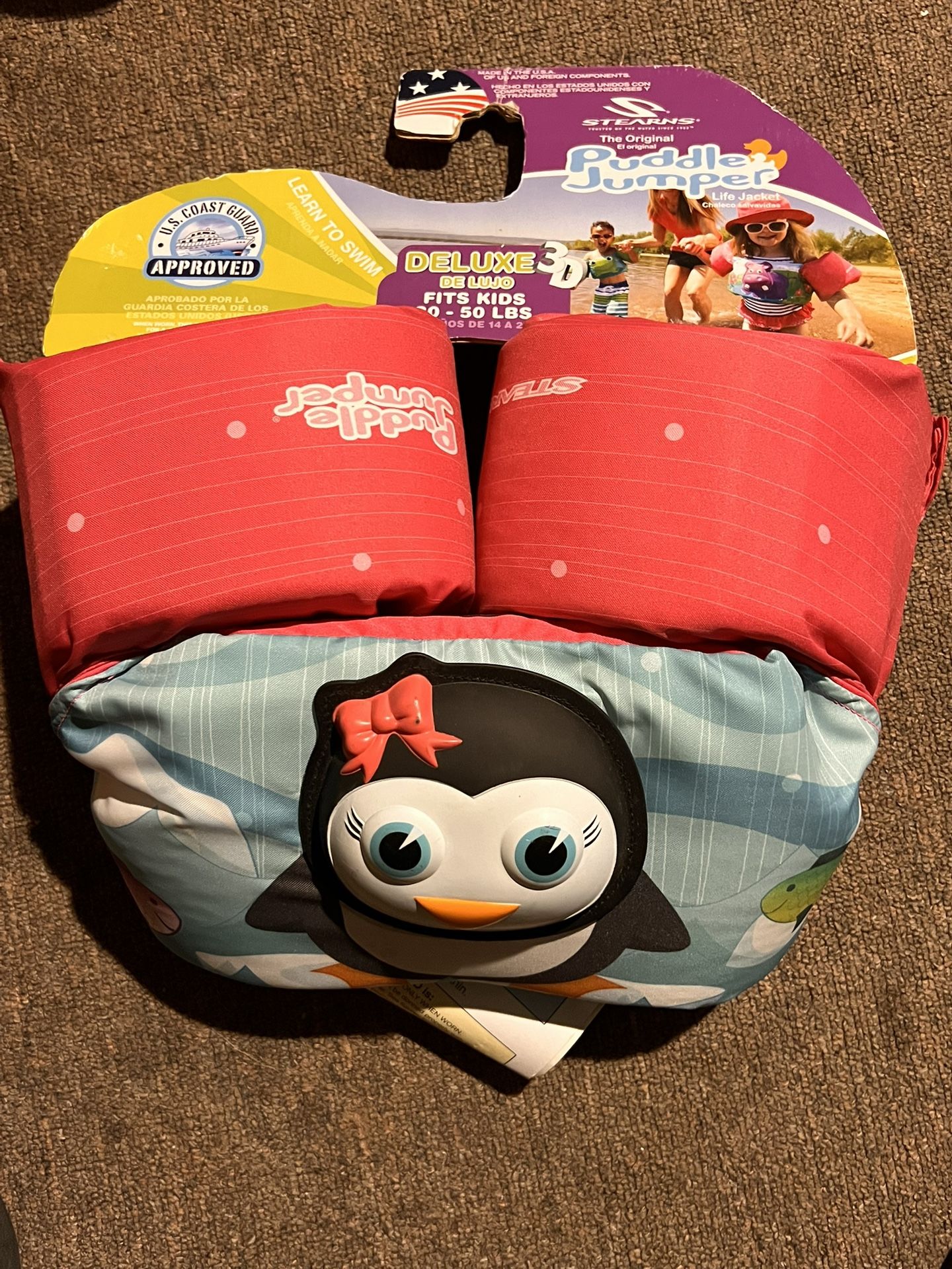 NUEVO………Puddle Jumper Chaleco Salvavidas de Lujo para Niños con Personaje 3D para Niños de 30 a 50 Libras, Rosa Penguin