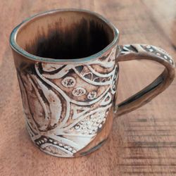 Handmade Studio Art Pottery Mug Carved Sgraffito Textured Glaze Coffee Cup Brown