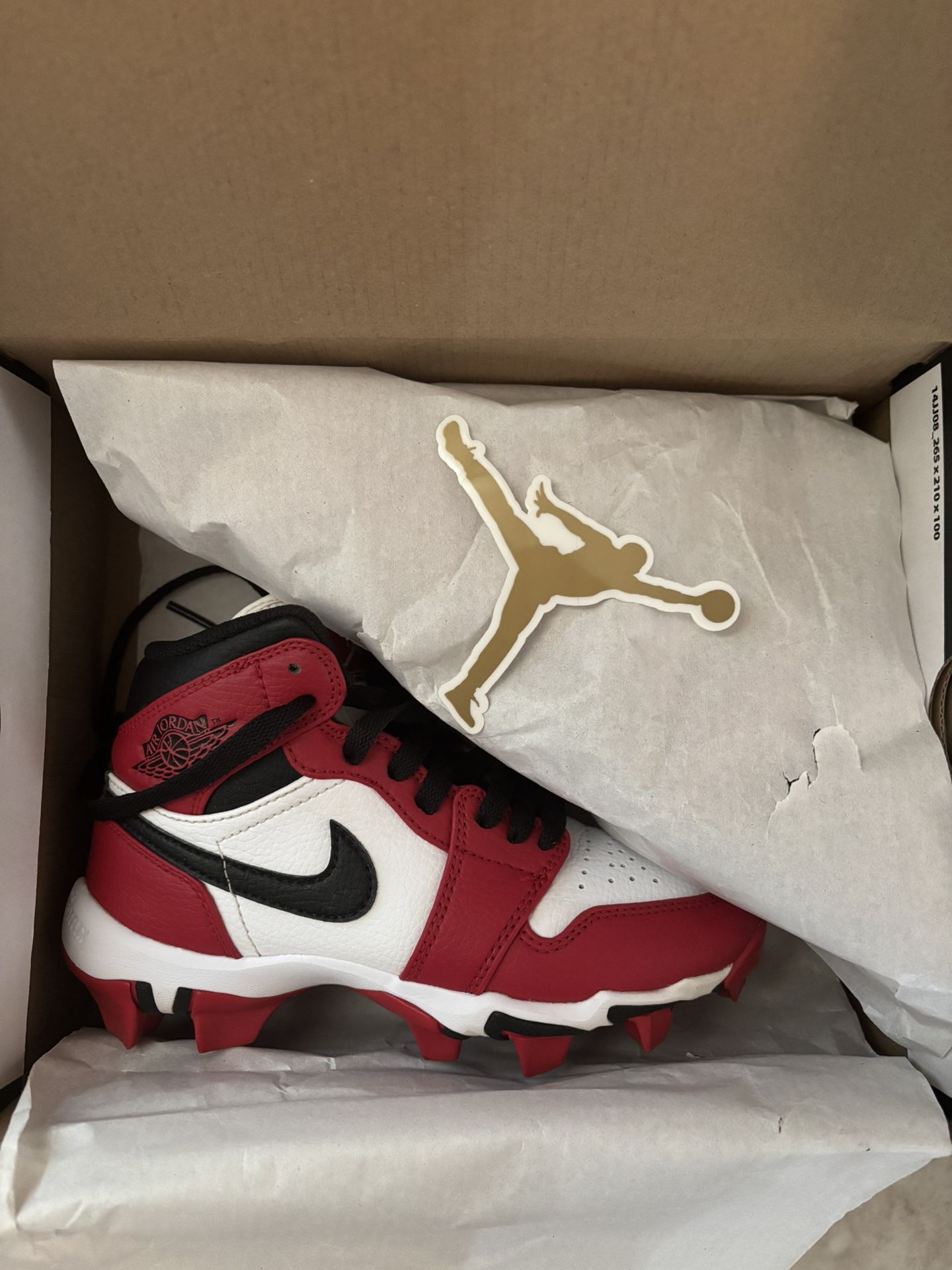 Jordan 1 Mid Youth Cleat (White/Black Gym Red) Size 1y