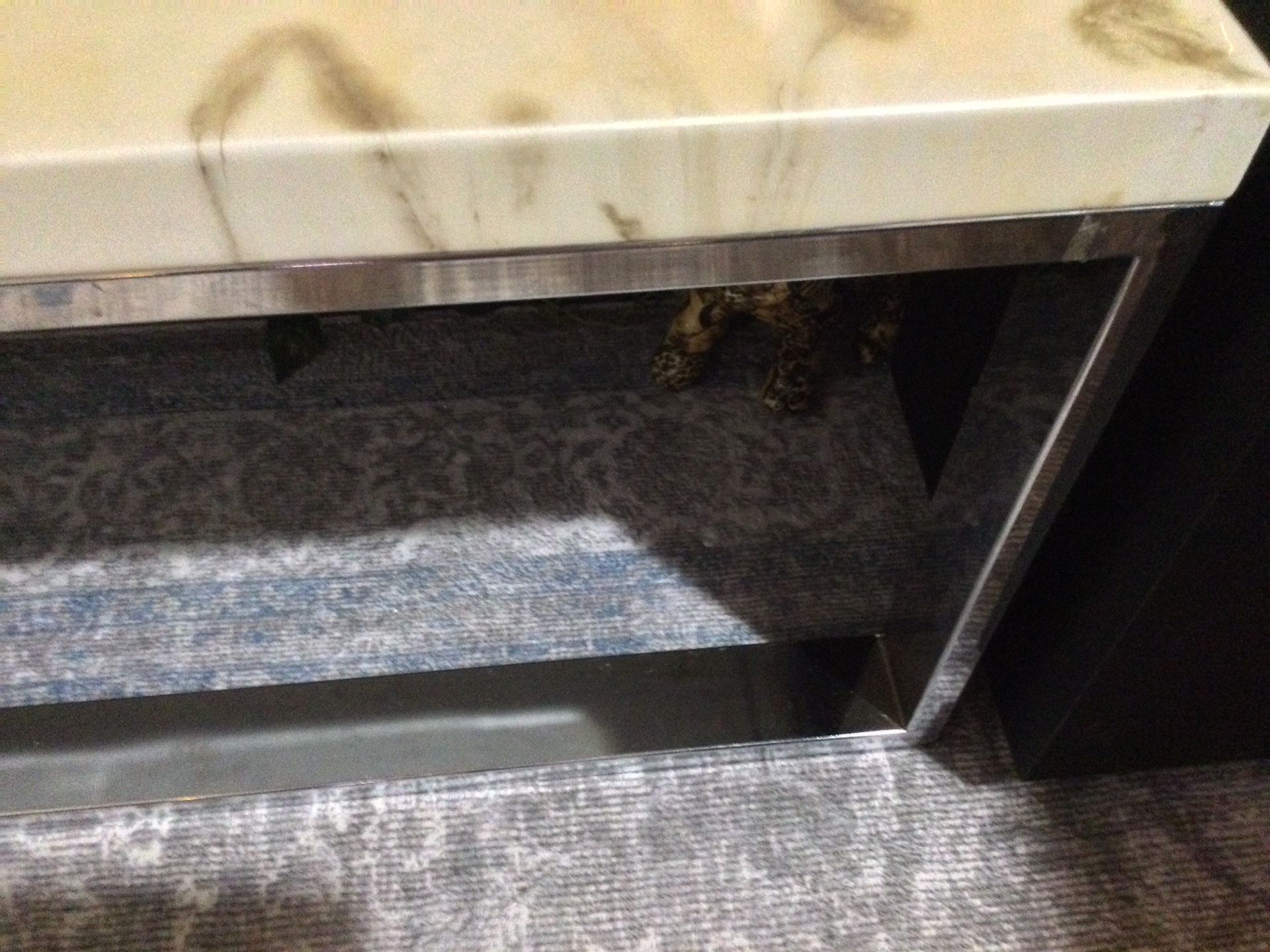 ELEGANT CHROME PEARL MARBLE LOOK COFFEE SOFA TABLE. TOP MADE FROM EPOXY….80 X 23 X 20H