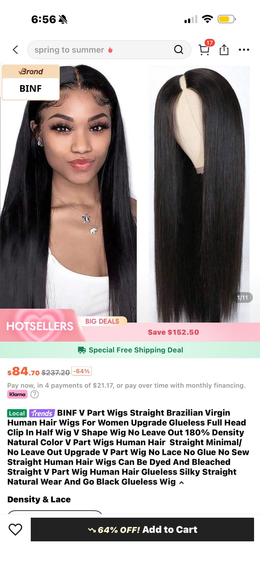 Natural Black V Part Wig