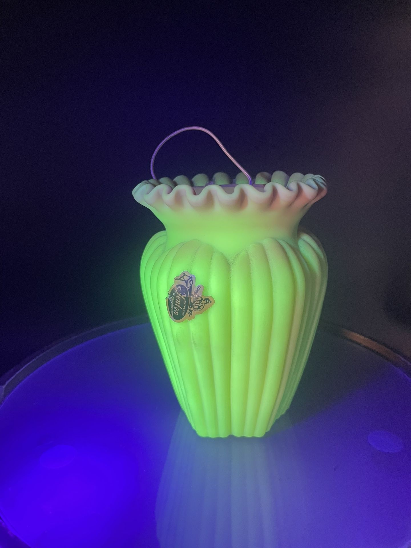 HTF Vintage Fenton Glass Satin Uranium Burmese Hand Painted Vase 5” VG