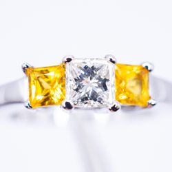 GIA Natural Diamond Engagement Ring Princess Cut 0.50ct and 0.66ct Yellow Sapphire