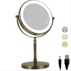 Antique Brass Makeup Mirror with Light 1X/10X Free Standing 8 Inches 360 Swivel Dual-Sided Tabletop Makeup Mirror, Metal
