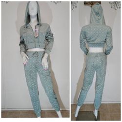 Gray velour 2 PC Set Cropped. Jacket And Joggers