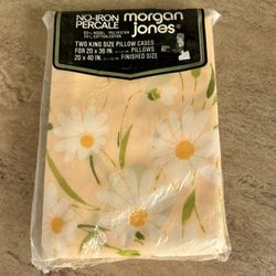 Vtg Morgan Jones No Iron Percale 2 King Size Pillow Cases NEW Peach Daisy Floral