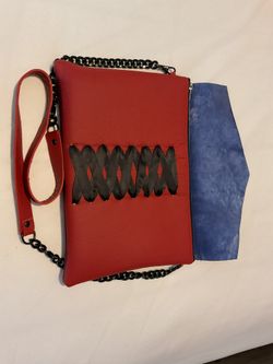 Red  Faux Leather Envelope Made Strap Bag Suede Blue Interior