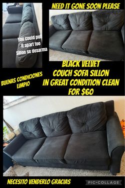 Black velvet couch sofa sillon great condition clean no stains for $60