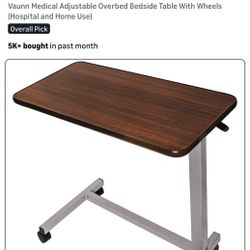 Vaunn Medical Adjustable Overbed Table (Walnut Brown, on Wheels)
