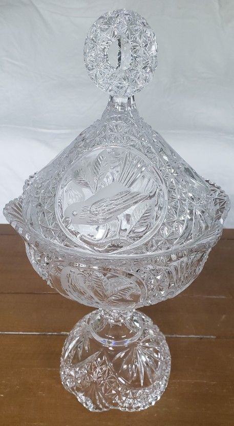 Hofbauer Byrdes CRYSTAL CANDY DISH Bowl + Lid Cardinal Blue Birds Cut Glass