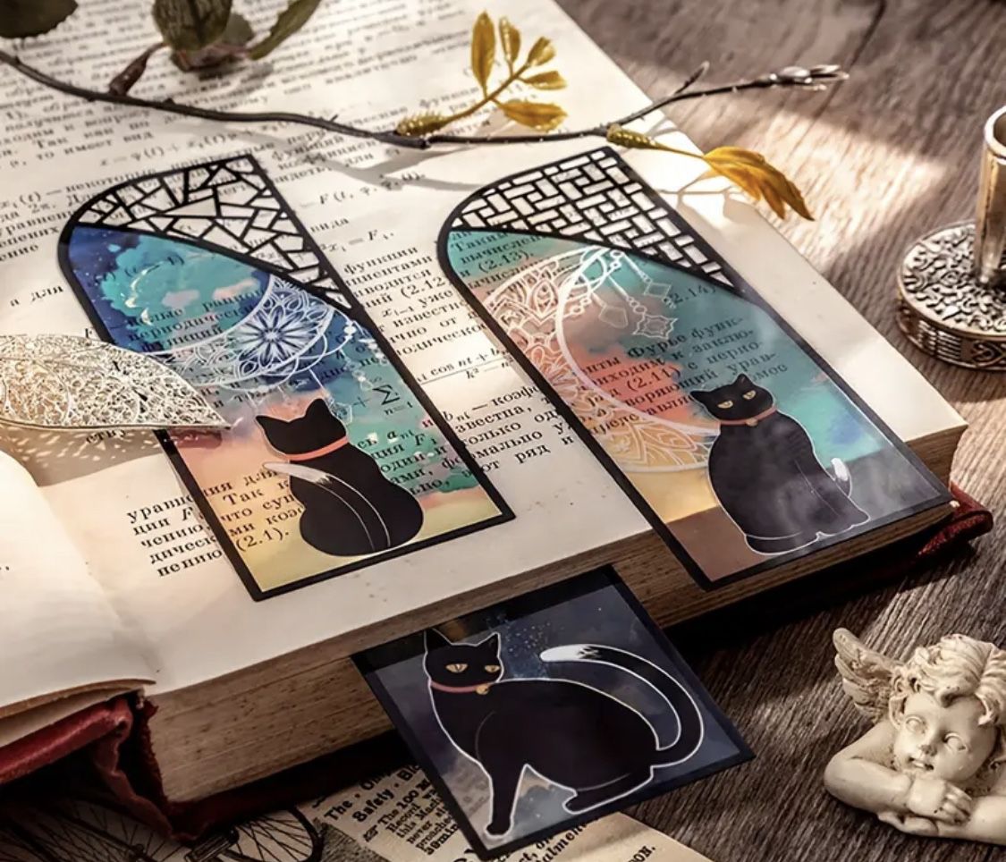 Brand New 6 Pc Black Kitty Moon Design Bookmarks Set 