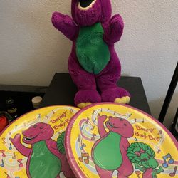 Vintage Barney plush and party plates