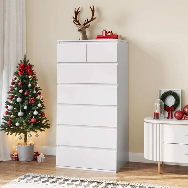 7 Drawer White Dresser, Modern Chest of Drawers Storage Cabinet for Bedroom Living Room