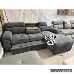 94"W Dark Gray Chenille Fabric Sleeper Sectional Sofa with Right-Facing Chaise, Cupholders, USB Charging port