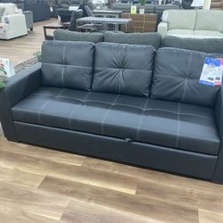 New Black Faux Leather Sofa Couch With Pop Up Sleeper Bed 