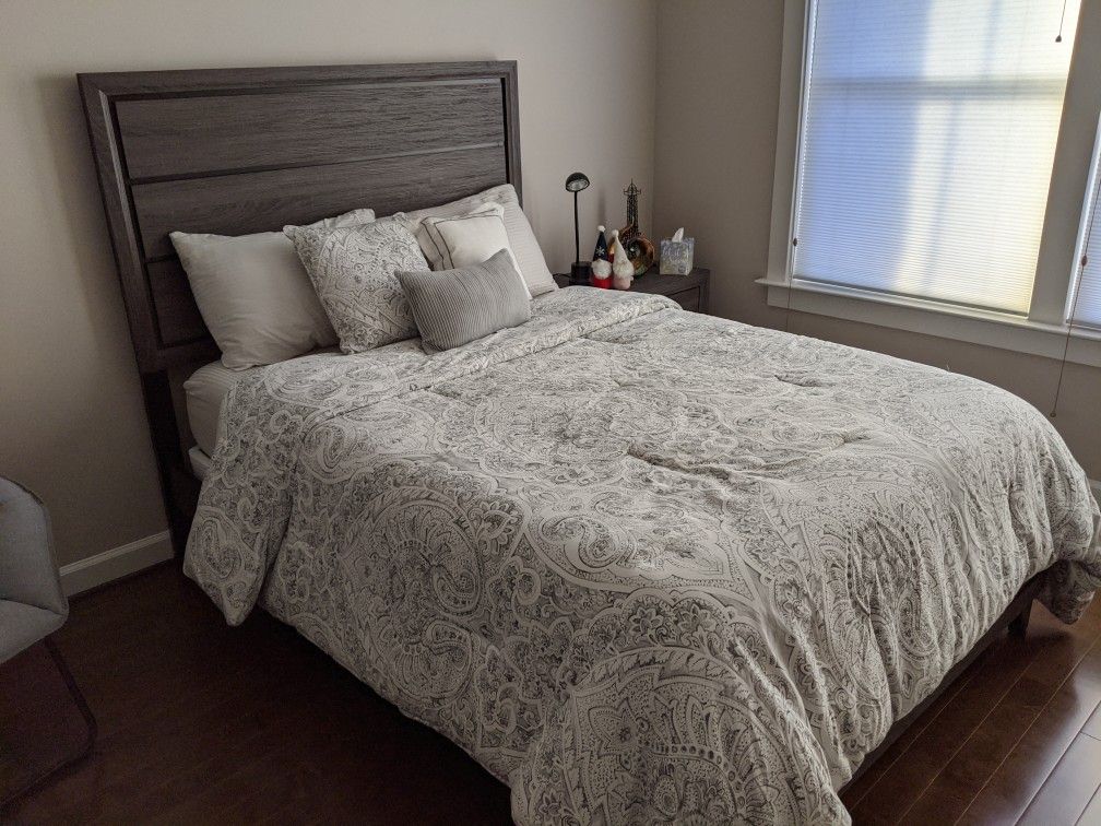 Full size bed + nightstand + box spring + mattress + sheet set + comforter set