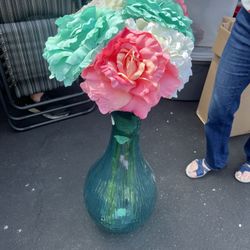 Giant Blue Vase With Faux Flowers 