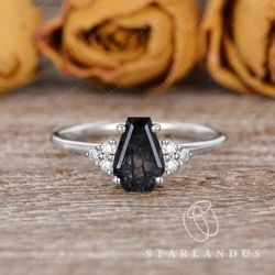 Unique Coffin Cut black quartz crystal ring 