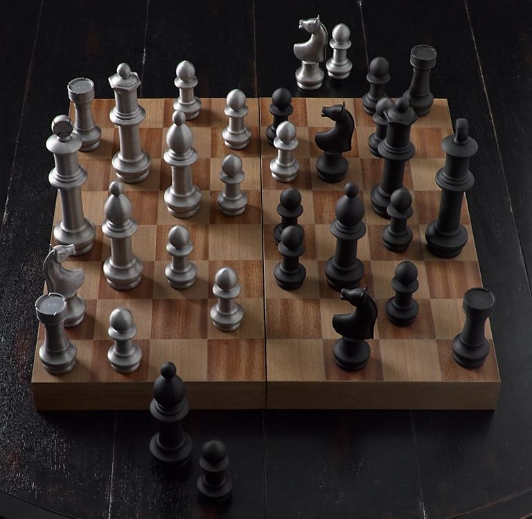RESTORATION HARDWARE GIANT VINTAGE WOOD BOARD & ALUMINUM PIECES CHESS SET