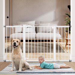 BABELIO 29-55 Inch Extra Wide Baby/Dog Gate, Metal Auto Close, Pressure Mounted Pet Door for Doorways, NO Need Tools and Drilling, with Wall Cups, Whi