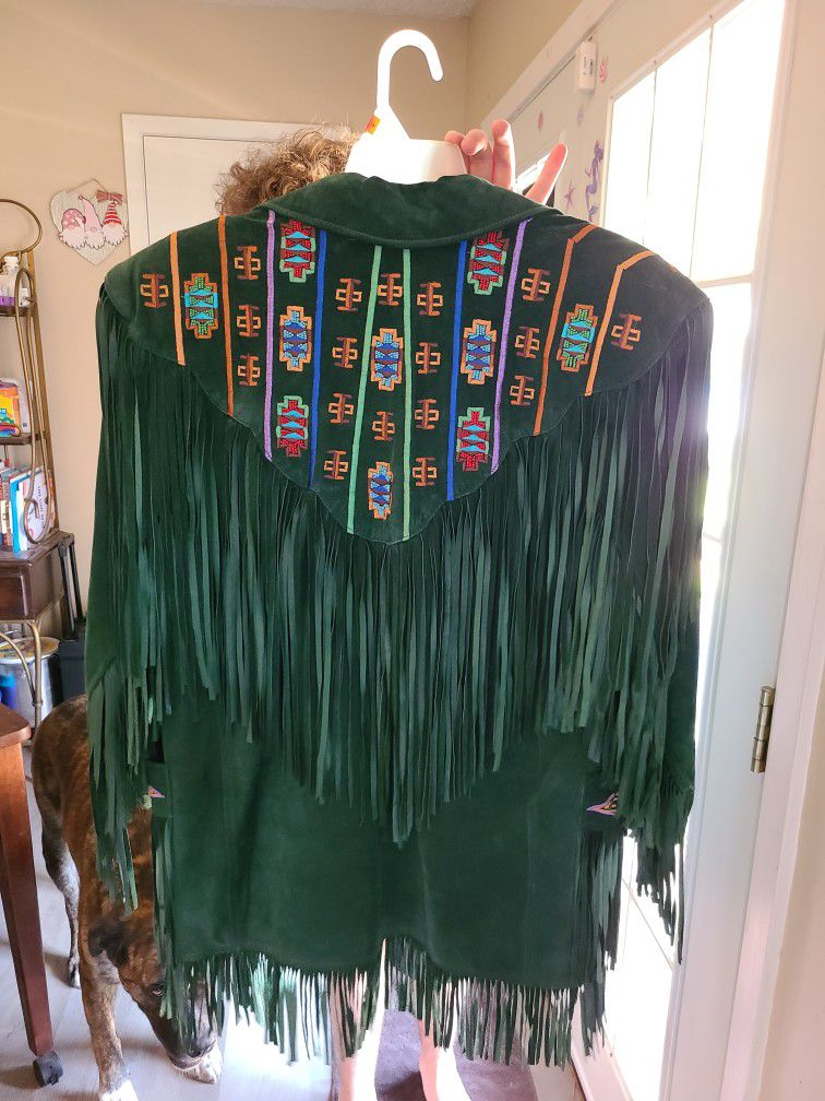 Vintage Erez Levy Southwestern Style Fringe Leather Beaded Green Jacket 