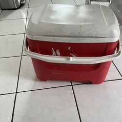Cooler  in good condition, small and clean, measuring 16 inches high, 16 inches long, and 10 inches wide.