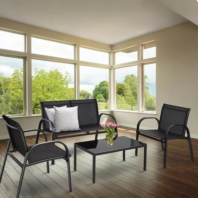 Black 4 Piece Outdoor Furniture With Glass Table