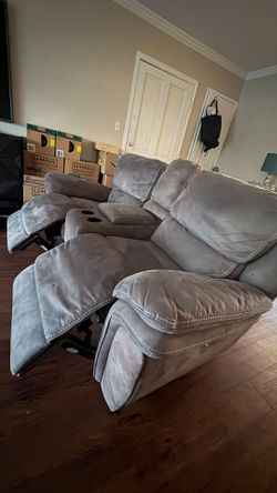 Gray Microfiber Reclining Sofa with Console