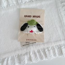 Handmade crochet cute dog with green hat hair clip