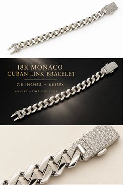 18K  White Gold Monaco Cuban Link Bracelet Esclava Oro Blanco