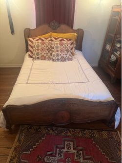 Antique full size bed frame + memory foam bed
