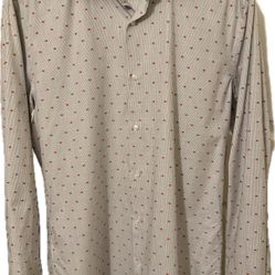 BOSS Beige Button-Down Shirt with Red Dot Pattern