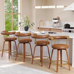 26” Swivel Bar Stools Set of 4, Counter Height Bar Stools with Bent Wood Legs and Back, Mid-Century Modern Faux Leather Bar Chairs