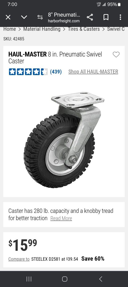 Haulmaster 8" Pneumatic Rigid Casters (Set Of 4) (Wheels)