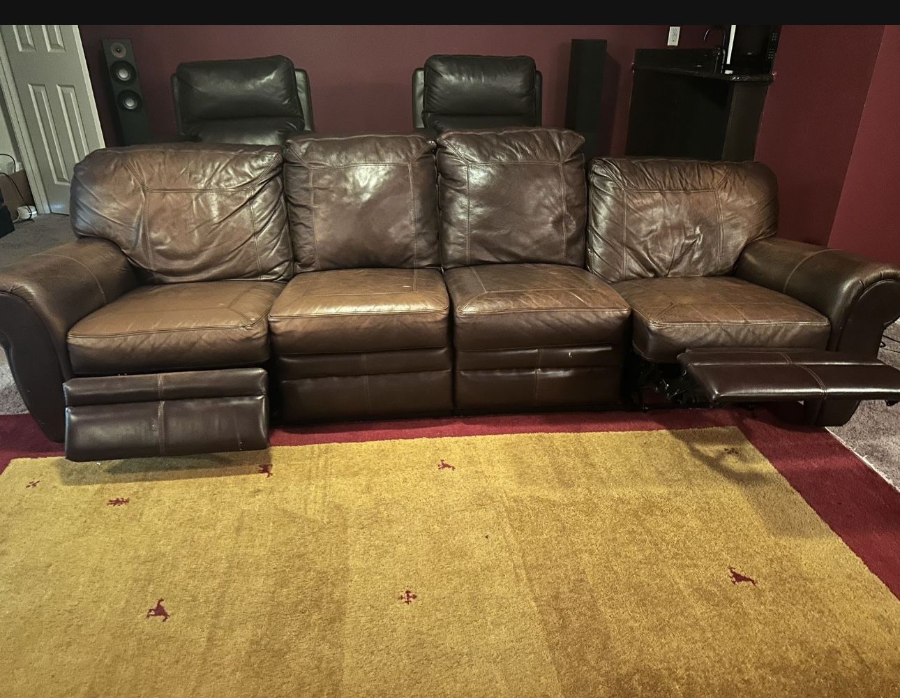 Genuine Leather Coach With Recliners, 2 Ottomans For Sale - Reduced Price
