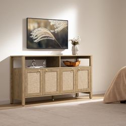 55”Rattan TV Stand for Television up to 65 Inch - 29.5" Tall Entertainment Center with Storage and Open Shelves,Boho Media TV Console Cabinet with 4-D