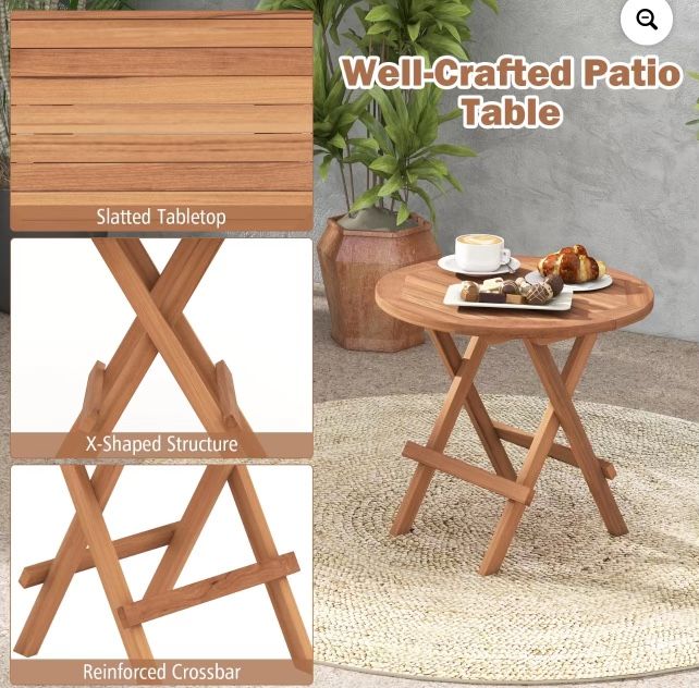 1 PC Patio Folding Side Table Indonesia Teak Wood Round Slatted Tabletop Portable Camping