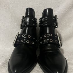 Black Pointed Toe Moto Booties with Buckles and Grommets