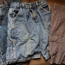 Size 8 Boys 2 pr of Carpenter Denim Blue Jean Shorts and 1 pr of Gray Plaid Dress Shorts. East, West