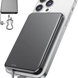 MagSafe Portable Charger, 0.3" Ultra Slim 5000mAh Magnetic Power Bank, 25W PD Fast Charging Battery Pack with Built-in Cable