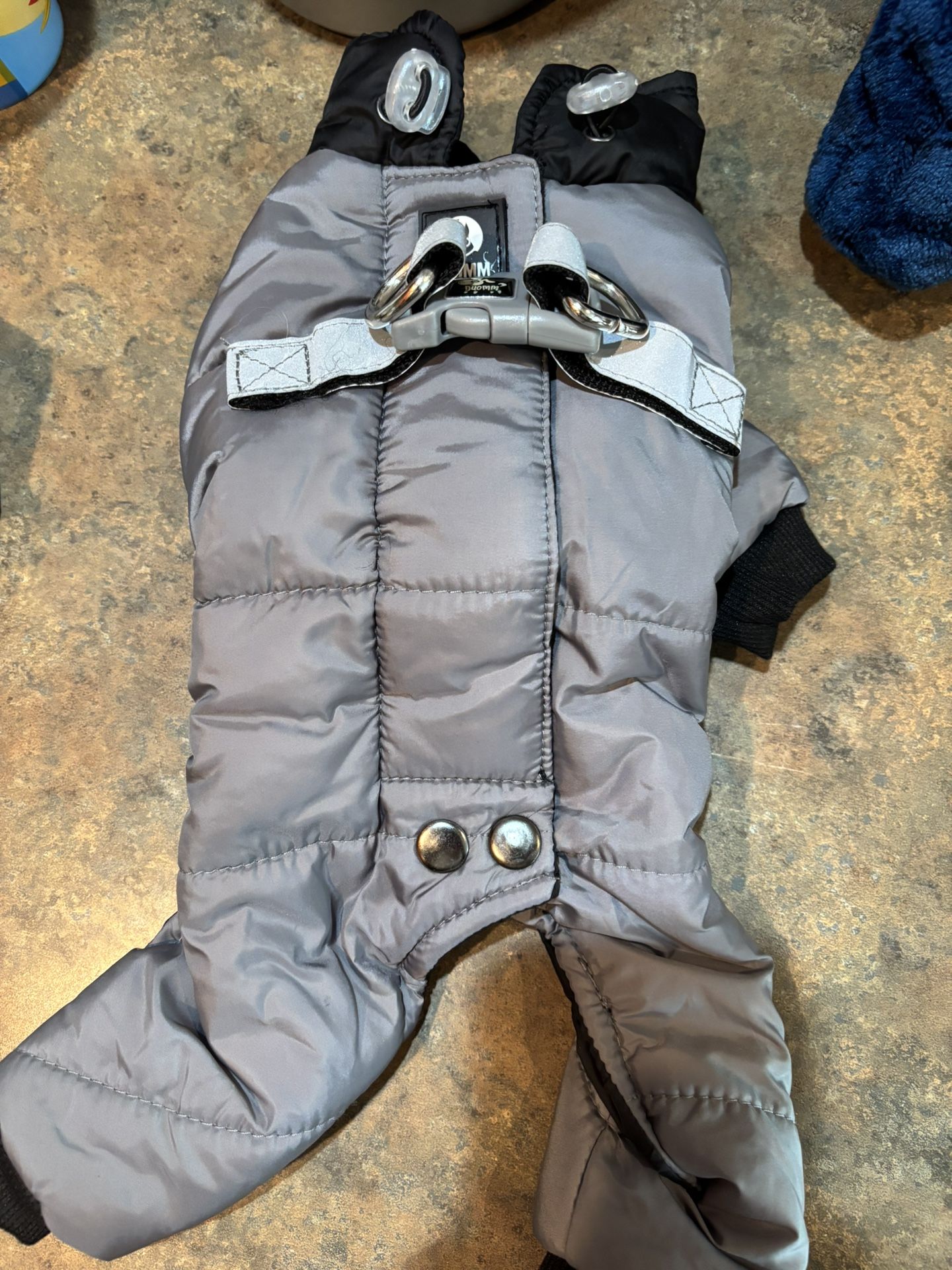 XXS XS dog snowsuit with harness loop. 