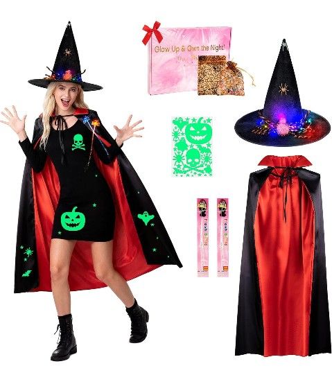 Light-Up Halloween Bundle costumes, Glow Spider Witch hats & Cape, Night Glow Decals, LED Hair Clips, Halloween Candy Bag & Gift Box for Spook Night W
