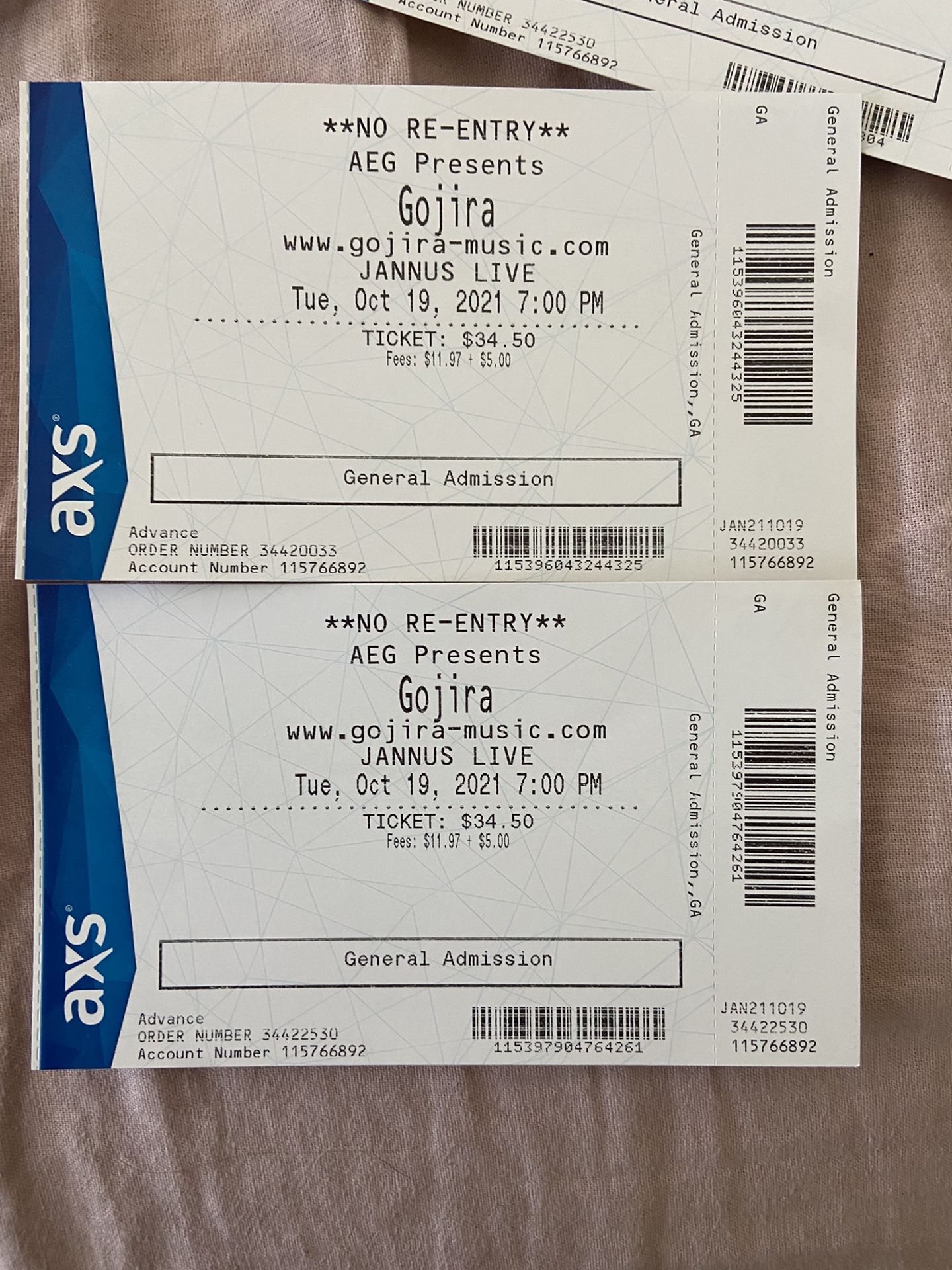 Gojira Tickets (2) 10/19 Jannus Live