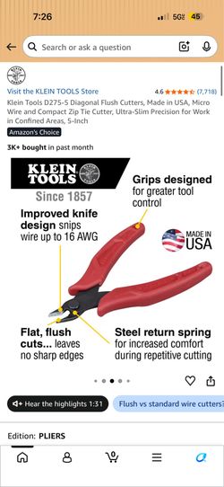 Klein Tools D275-5 Diagonal Flush Cutters, Made in USA, Micro Wire and Compact Zip Tie Cutter, Ultra-Slim Precision for Work in Confined Areas, 5-Inch