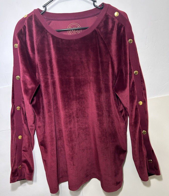 Michael Kors Gold Buttoned Long Sleeve Large Velour Burgundy Sweater Shirt Women