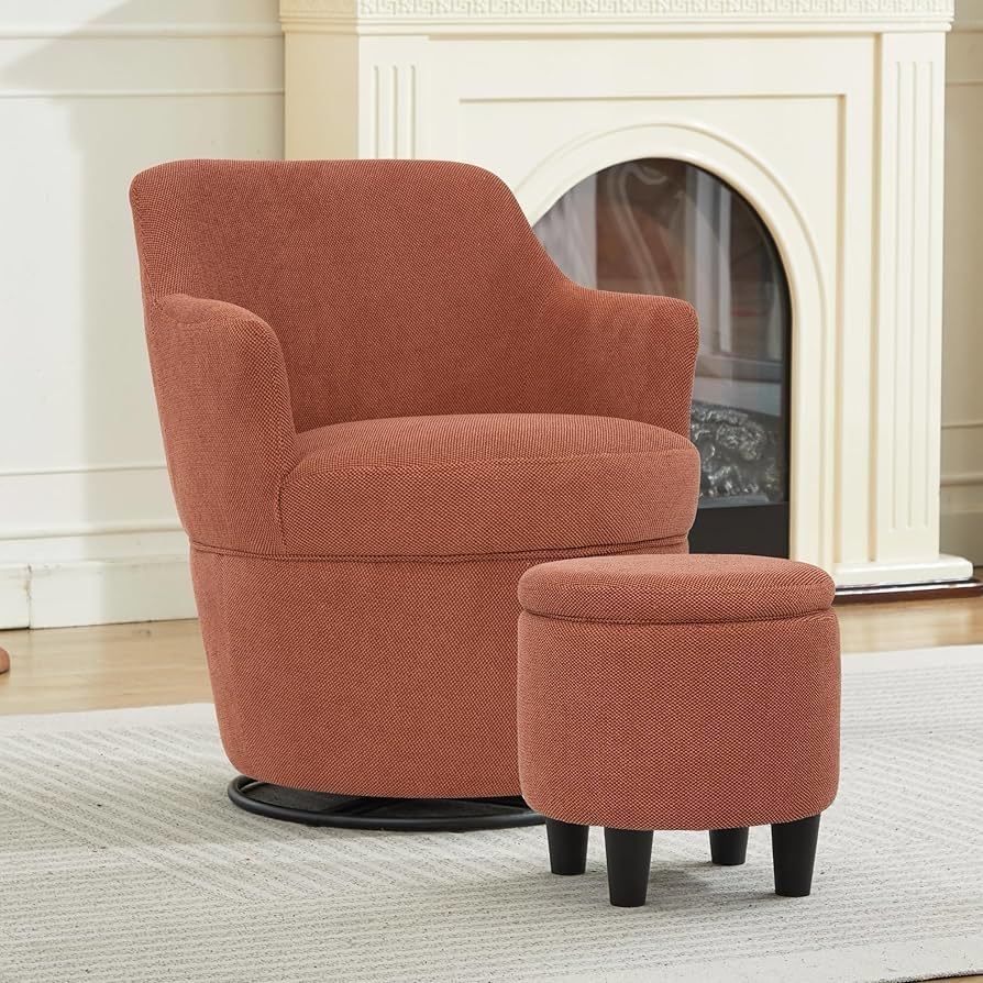 Swivel Accent Chair and Ottoman Set, Modern Fabric Upholstered Barrel Chair with Ottoman, Comfy Single Sofa Armchair with Footrest for Livi